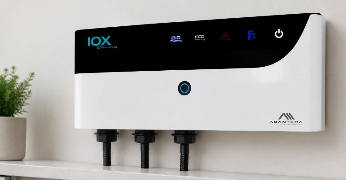 Sistema IOX EcoWashing Abantera a la venta en Oasis lab imagen de una cocina con el aparato instalado en el lavavajillas ozono higiene segunda instalación