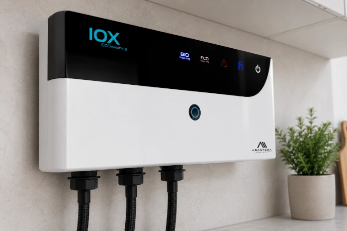 Sistema IOX EcoWashing Abantera a la venta en Oasis lab imagen de una cocina con el aparato instalado en el lavavajillas ozono higiene
