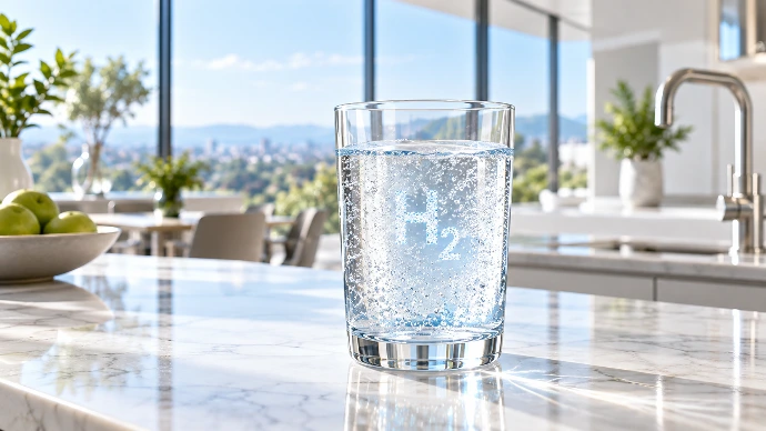 vaso de agua kangen enagic oasis lab en una cocina luminosa y moderna