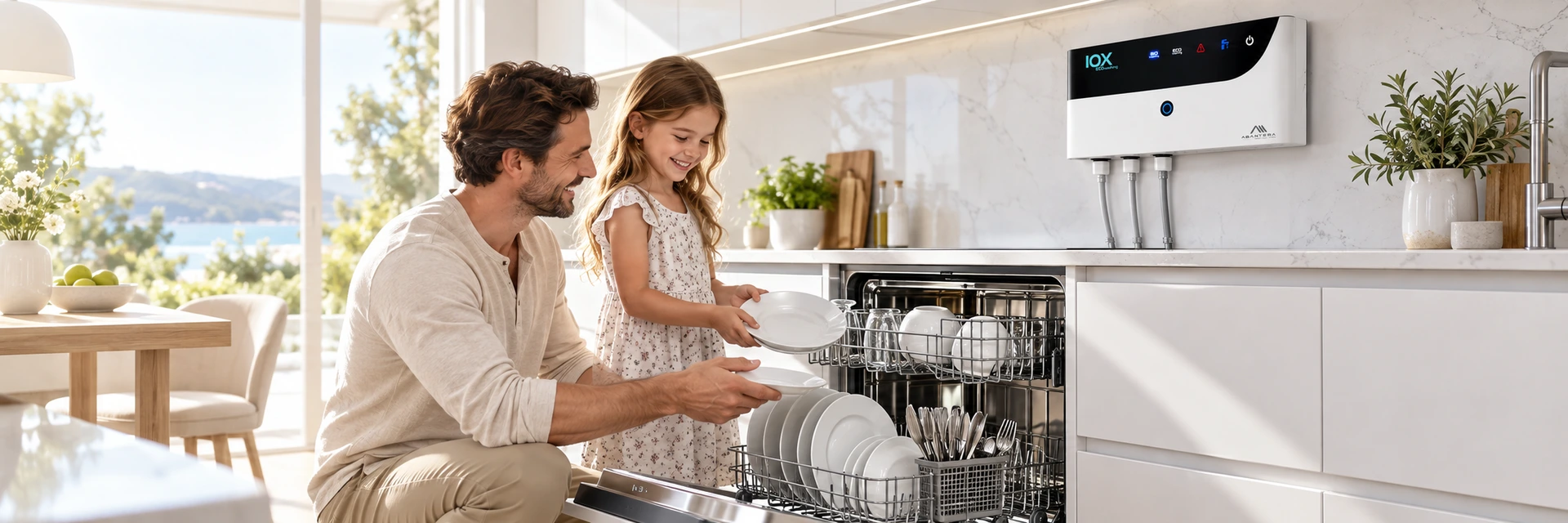 Sistema IOX EcoWashing Abantera a la venta en Oasis lab imagen de una cocina con el aparato instalado en el lavavajillas ozono higiene con un padre y su hija recogiendo los platos o poniendo el fregaplatos