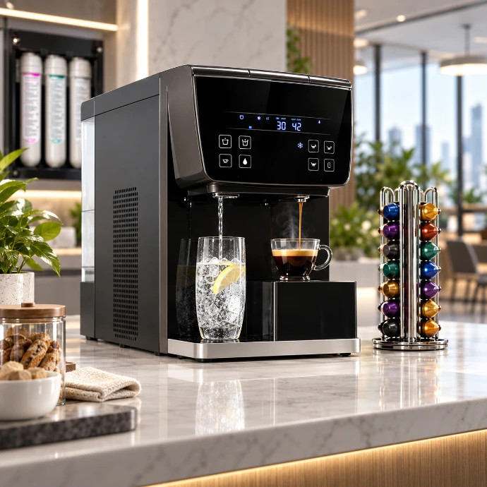 Cafetera New York de Abantera en un buffet de un hotel restaurante con cápsulas de café y té Ósmosis Inversa y sistema de purificación de agua fría y caliente