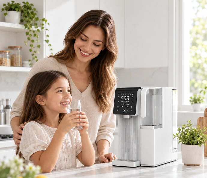 Sistema de Agua hidrogenada h2 roh2ice de abantera purificador de agua por osmosis inversa sin instalación en una cocina moderna junto a él una mujer con su hija beben agua