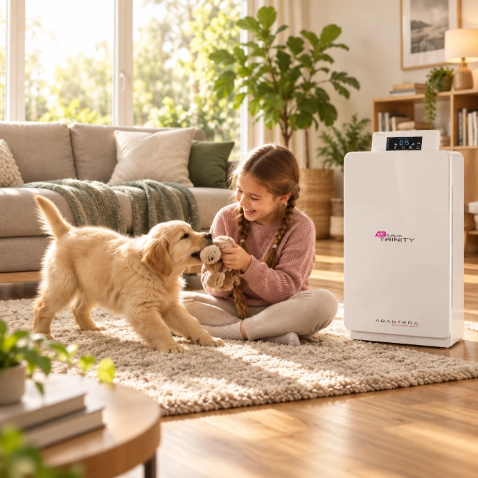 ab pure aire trinity de abantera niña y perro jugando en el salón