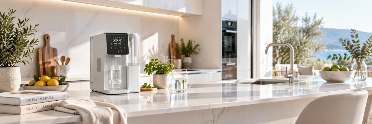 Sistema de Agua hidrogenada h2 roh2ice de abantera purificador de agua por osmosis inversa sin instalación en una cocina moderna