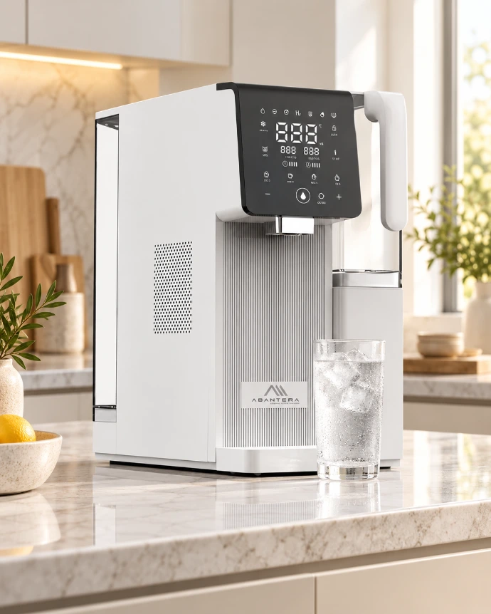 Sistema de Agua hidrogenada h2 roh2ice de abantera purificador de agua por osmosis inversa sin instalación en una cocina moderna junto a un vaso de agua fría