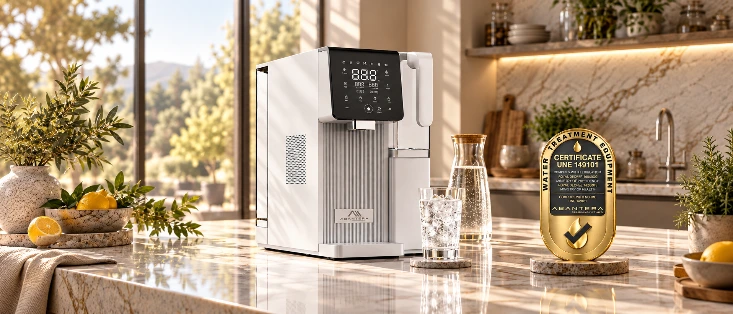 Sistema de Agua hidrogenada h2 roh2ice de abantera purificador de agua por osmosis inversa sin instalación en una cocina moderna junto a un vaso de agua fría en tonos crema y tierra