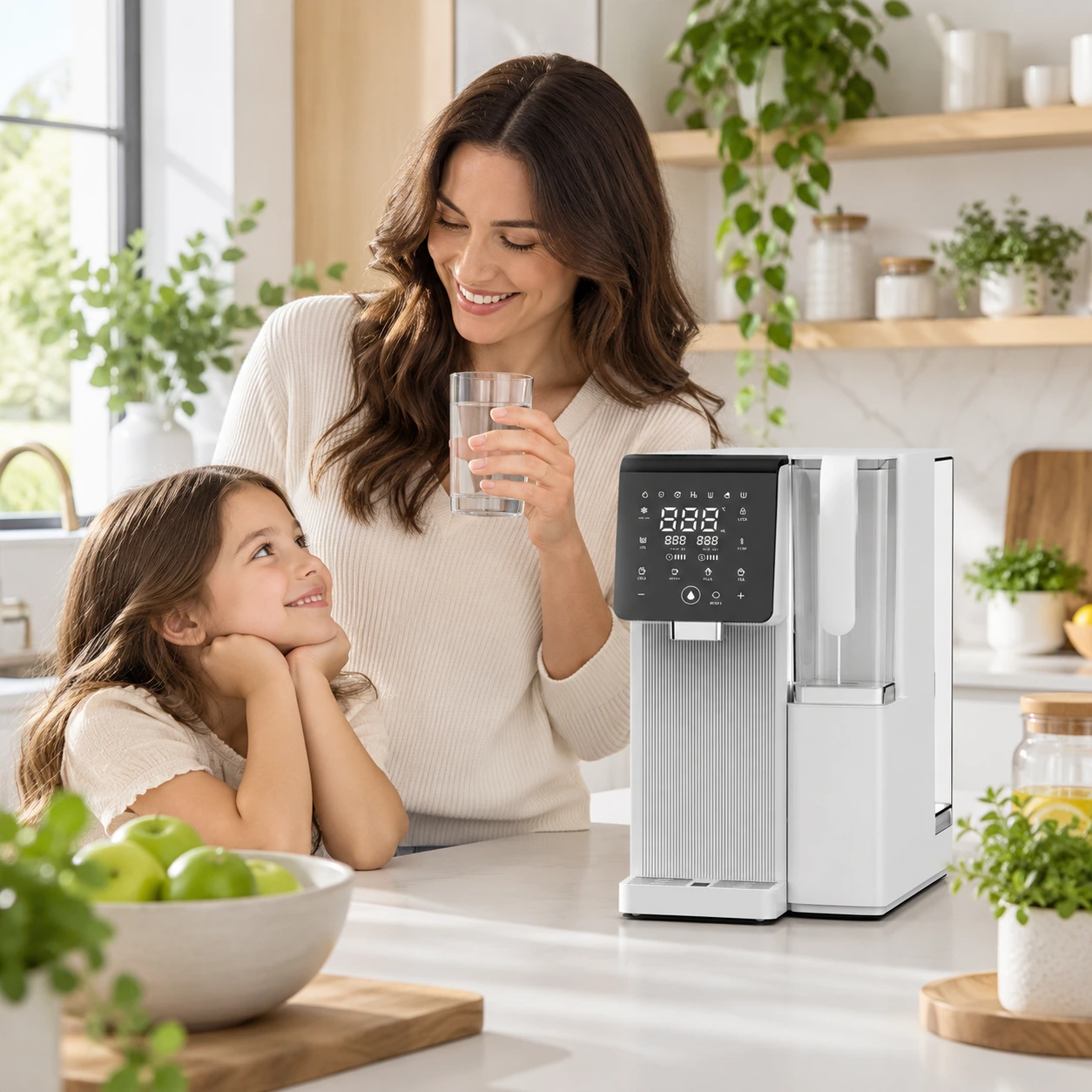Sistema de Agua hidrogenada h2 roh2ice de abantera purificador de agua por osmosis inversa sin instalación en una cocina moderna junto a él una mujer con su hija disfrutan