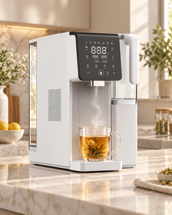 Sistema de Agua hidrogenada h2 roh2ice de abantera purificador de agua por osmosis inversa sin instalación en una cocina moderna junto a una taza de agua caliente en infusión