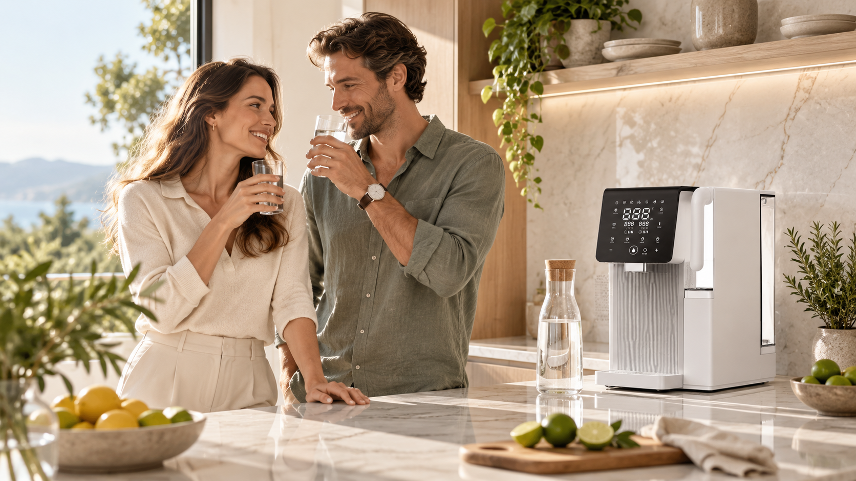 Sistema de Agua hidrogenada h2 roh2ice de abantera purificador de agua por osmosis inversa sin instalación en una cocina moderna junto a él una pareja se sonríe