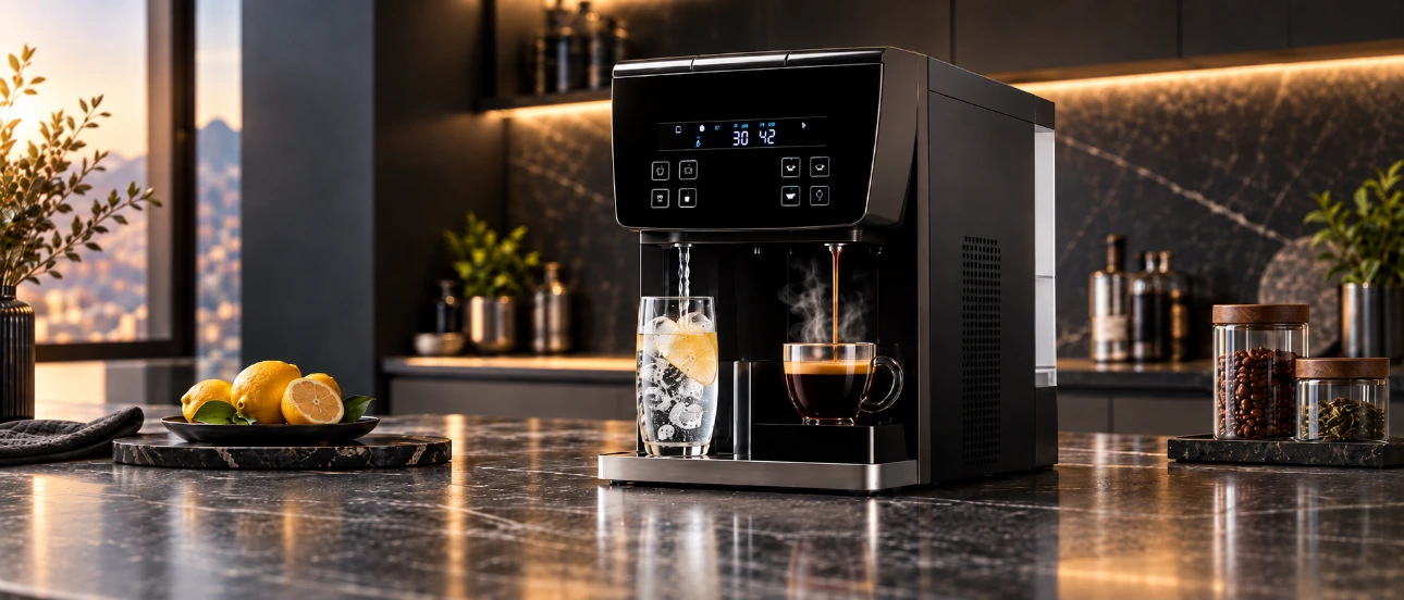 cafetera New York de Abantera en una cocina moderna color oscuro con un vaso de agua con limón fría ósmosis inversa y purificación de agua