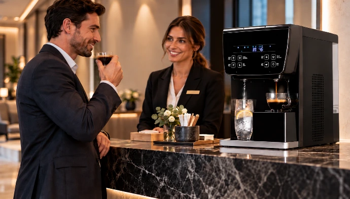 cafetera New York de Abantera en un despacho de abogados color oscuro con un vaso de agua con limón fría ósmosis inversa y purificación de agua dos personas charlan con un café