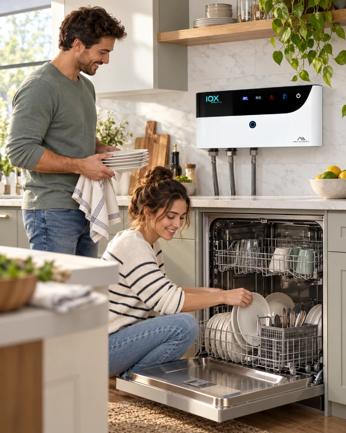 Sistema IOX EcoWashing Abantera a la venta en Oasis lab imagen de una cocina con el aparato instalado en el lavavajillas ozono higiene con una pareja y sus hijos recogiendo los platos del lavavajillas en su cocina