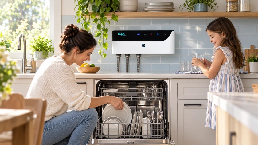 Sistema IOX EcoWashing Abantera a la venta en Oasis lab imagen de una cocina con el aparato instalado en el lavavajillas ozono higiene con una madre y una hija recogiendo la vajilla