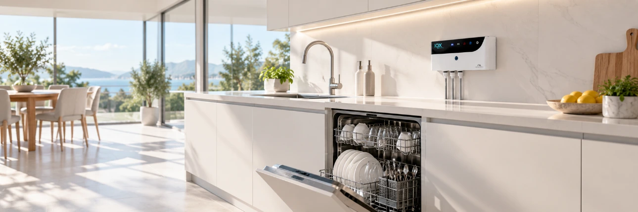 Sistema IOX EcoWashing Abantera a la venta en Oasis lab imagen de una cocina con el aparato instalado en el lavavajillas ozono higiene