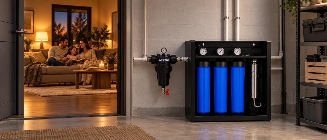 Sistema de filtración para toda la casa Oasis Lab con Turbical, tres filtros azules y lámpara UV LED.