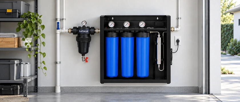 Vista del sistema de tratamiento de agua para toda la vivienda, con antical Turbical sin sal, tres filtros y desinfección UV LED.