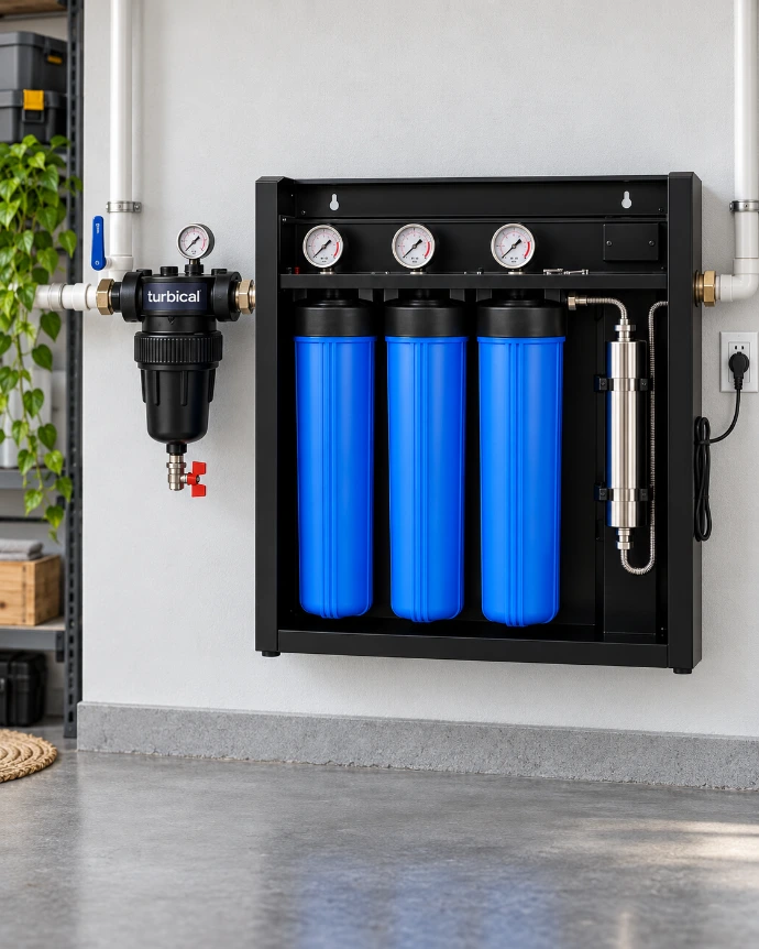 Filtración doméstica con Turbical, filtros de sedimentos de 50 y 5 micras, carbón block de 10 micras y UV LED.