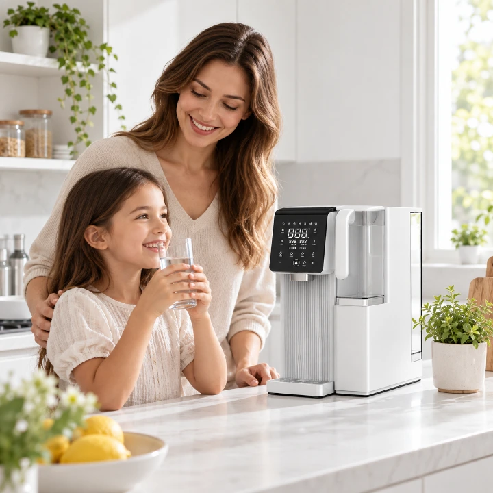 una madre con su hija bebiendo agua con el sistema ROH2ICE de Abantera en su cocina están muy contentas. Salen limones y plantas
